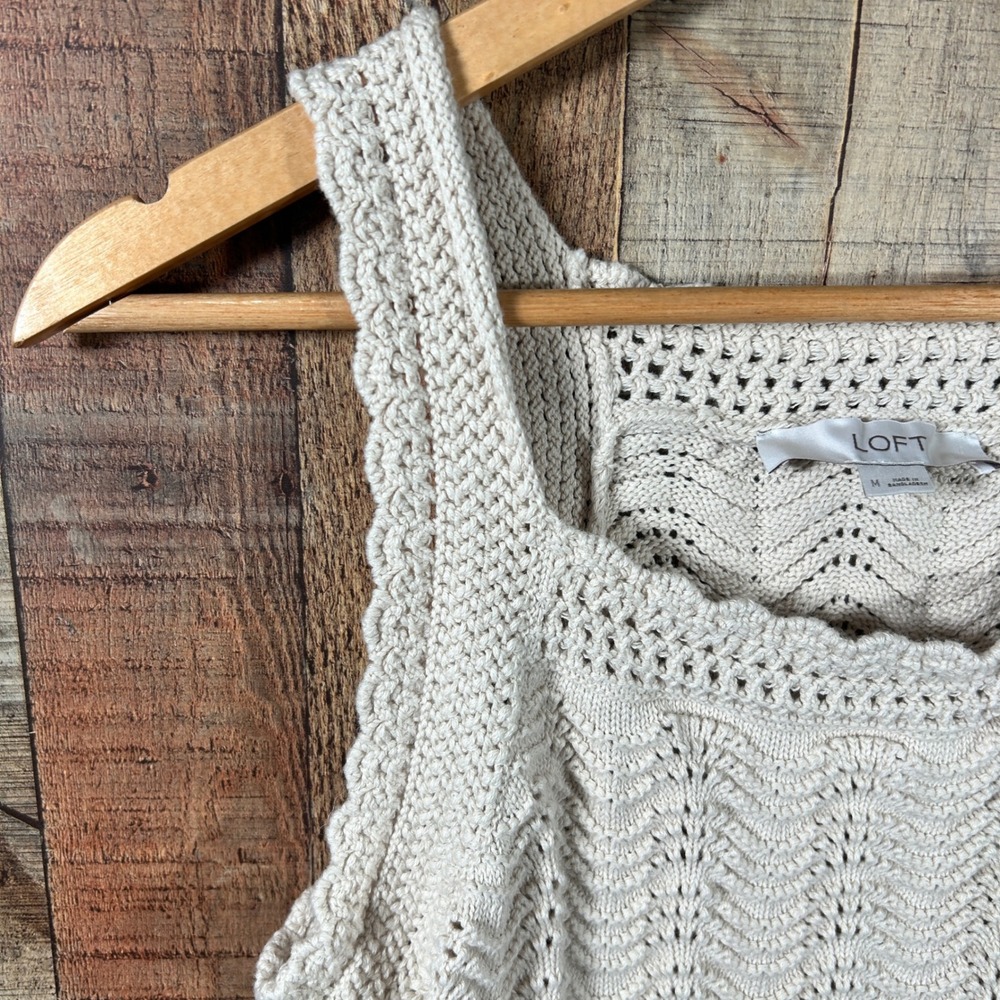 LOFT Cream Cotton Crochet Knit Tank Top Pointelle Scallop Boho Medium M - Picture 2 of 6